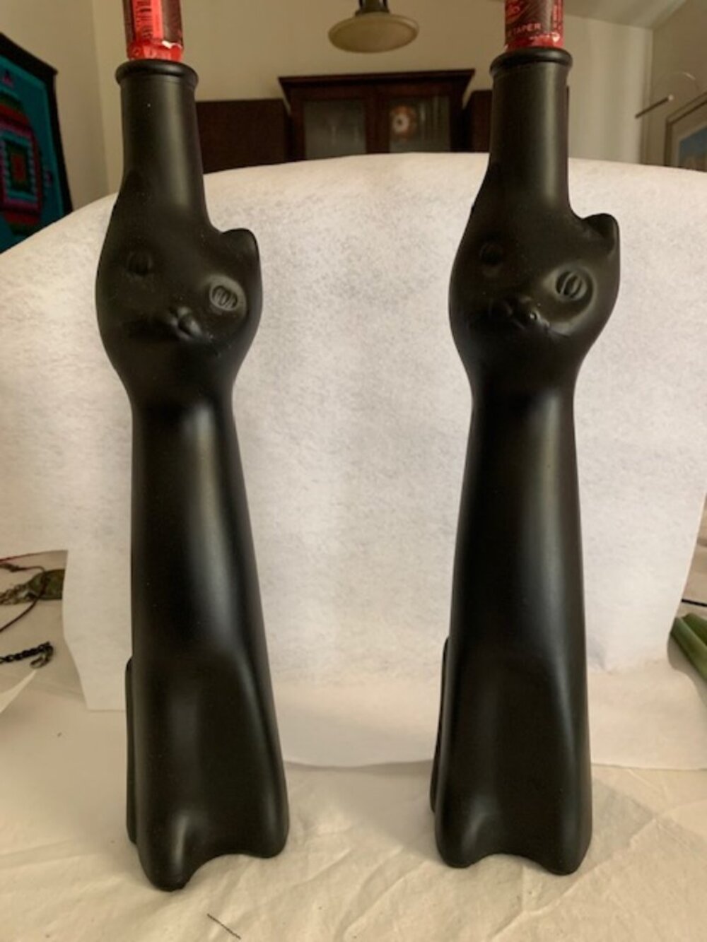 Art Deco collectible "Happy Cat" matte black glass wine bottles